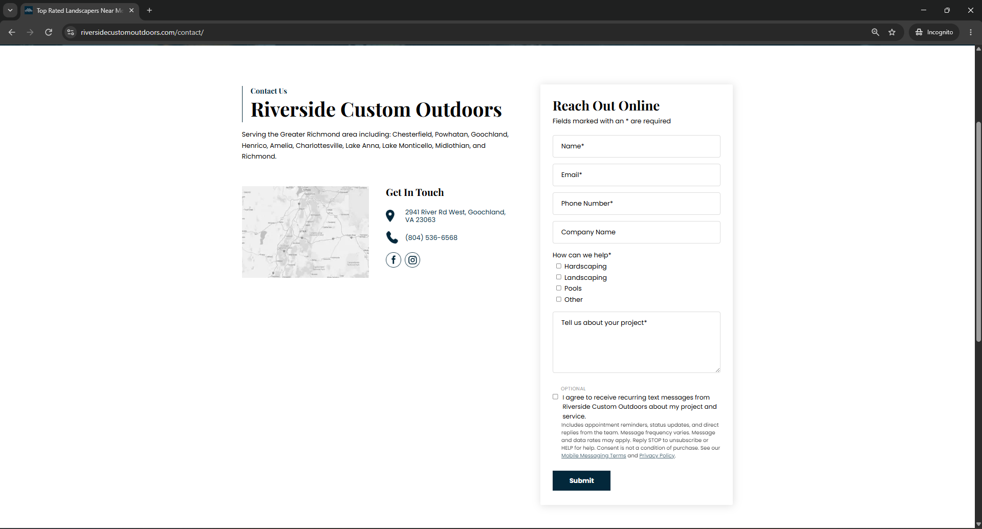 Screenshot of the contact form showing the unchecked SMS consent checkbox