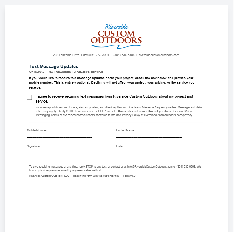 Scan of the blank printed SMS consent form used by Riverside Custom Outdoors
