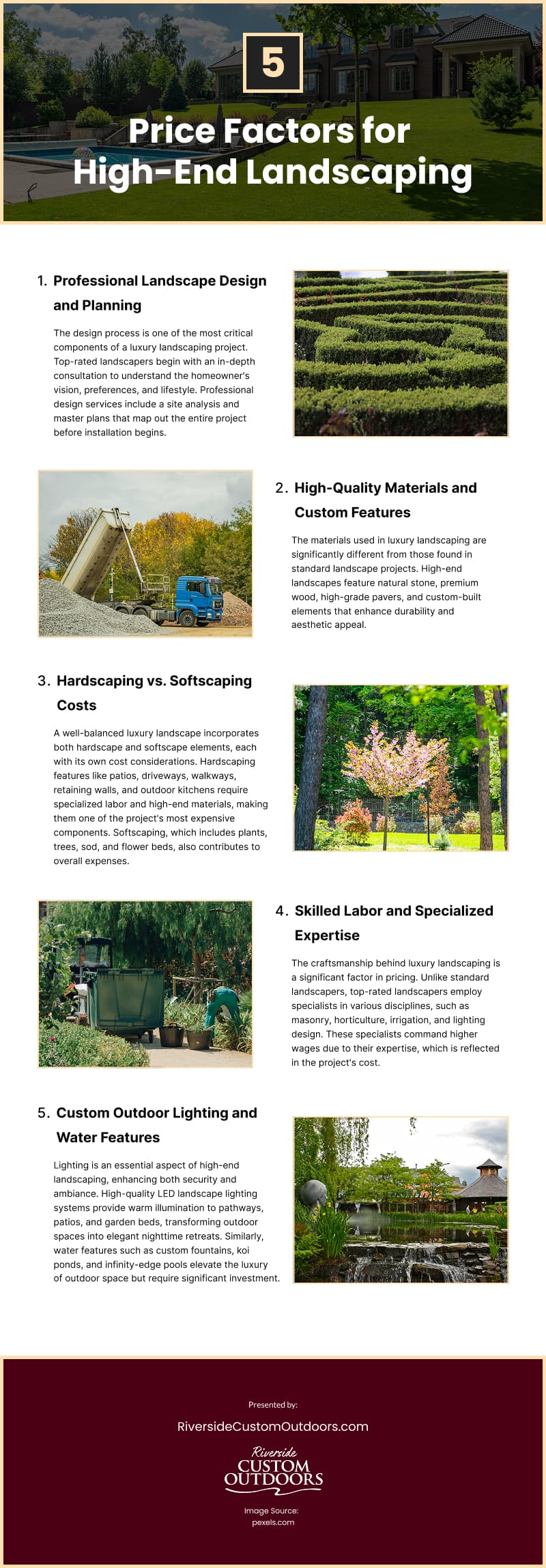 5 Price Factors for High-End Landscaping Infographic